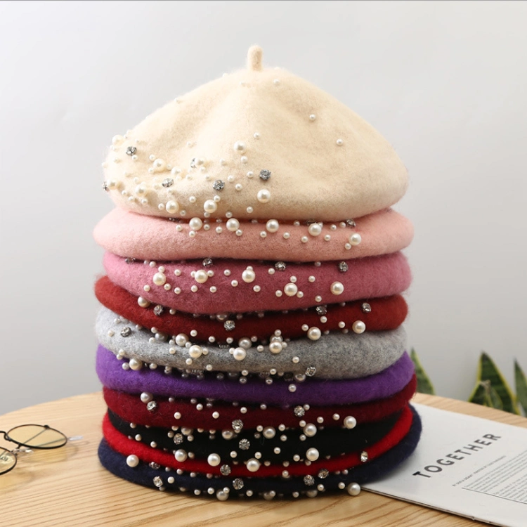 Wholesale Custom Women High Quality Beret Hats Beaded Rivet Plain Dyed