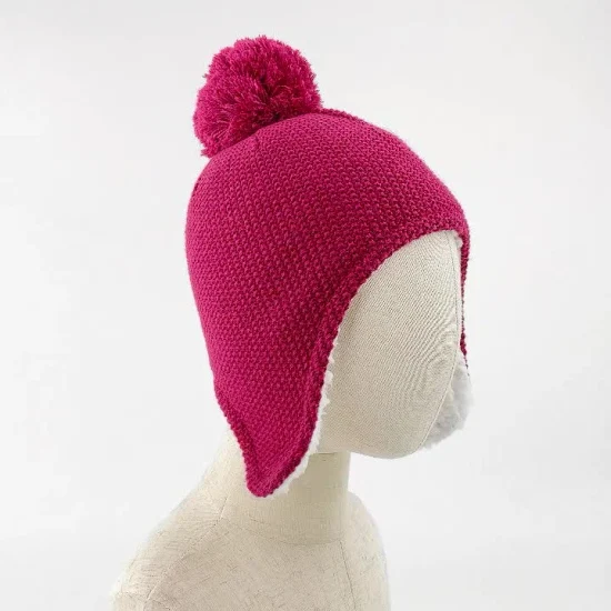 Gorro informal con orejeras para niños y niñas, cálido, suave, holgado, con pompón rojo, diseño de punto, forro polar Sherpa