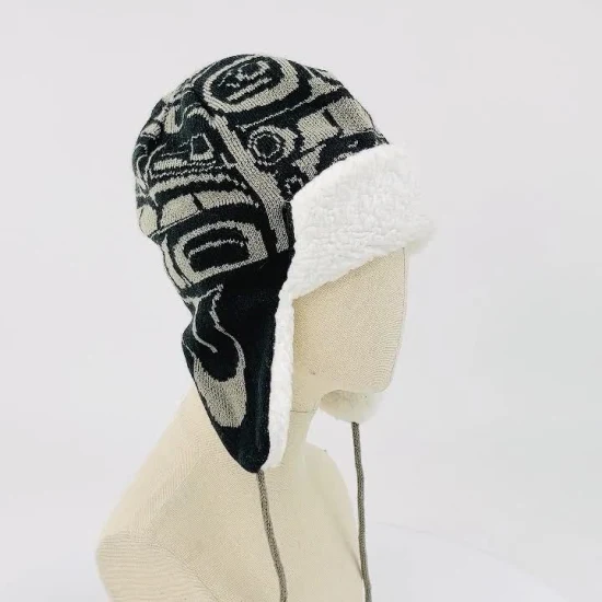 Hombres Cálido Suave Slouchy Blanco Negro Diseño Jacquard Sherpa Forro Polar Capó Gorro Informal Gorro Con Orejeras