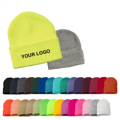 Gorro con puños de punto acrílico cálido colorido unisex clásico de sombreros de invierno con logotipo personalizado